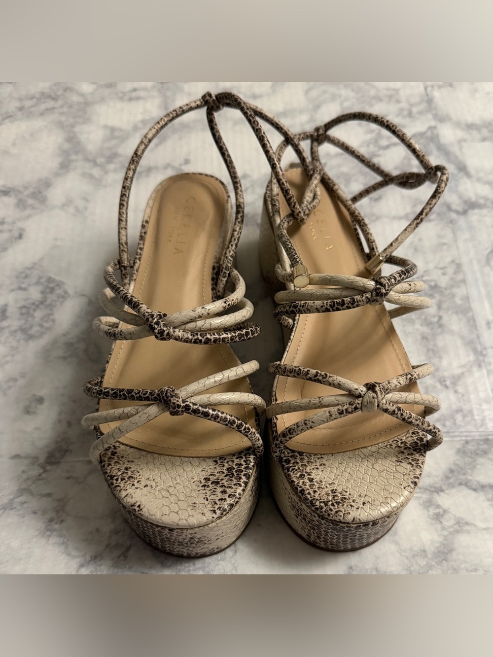 CECILIA NY Cream Snake-Print Chunky Platform Sandals Strappy Tie Summer Size 9